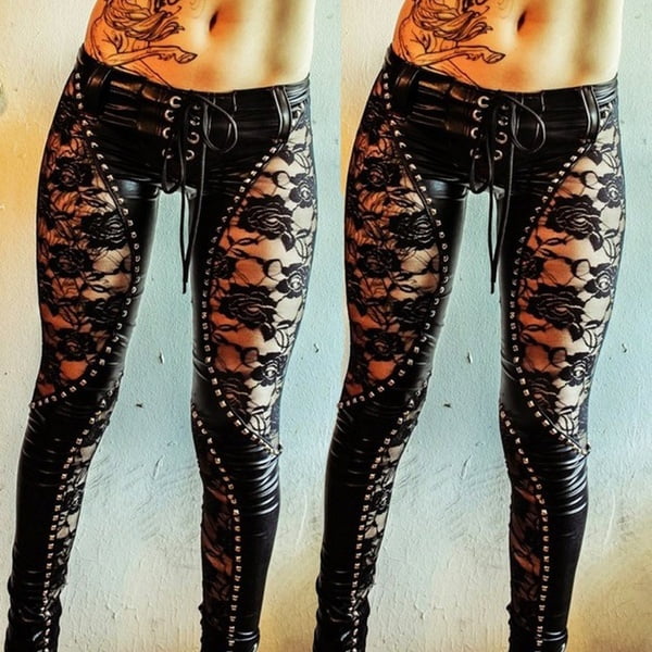Women Stretch Hollow Out Lace Stitching Faux Leather Leggings Skinny Pants Novel